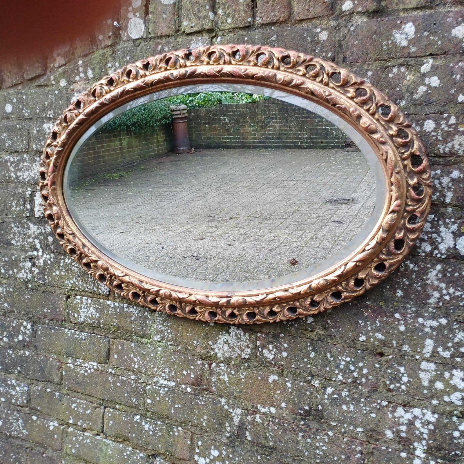 Beautiful Age Worn Gold Red With Highlights Oval Mirror Bevelled Glass photo vintage