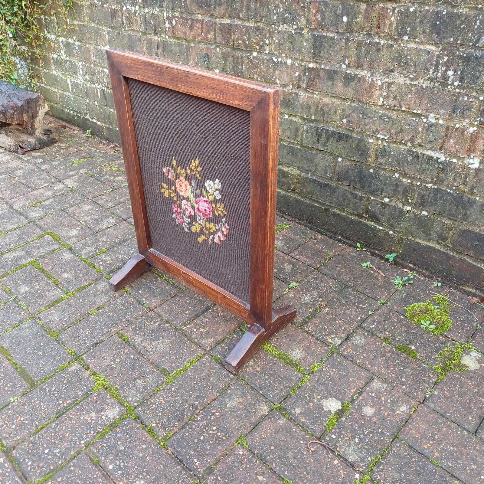 Pretty Vintage Solid Oak Fire Screen With Brown Still Life Tapestry photo furniture