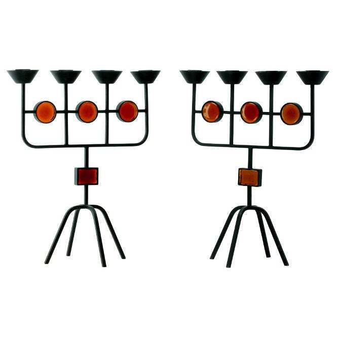 Gunnar Ander Pair Of Red Glass And Wrought Iron Candelabra photo Home Decor