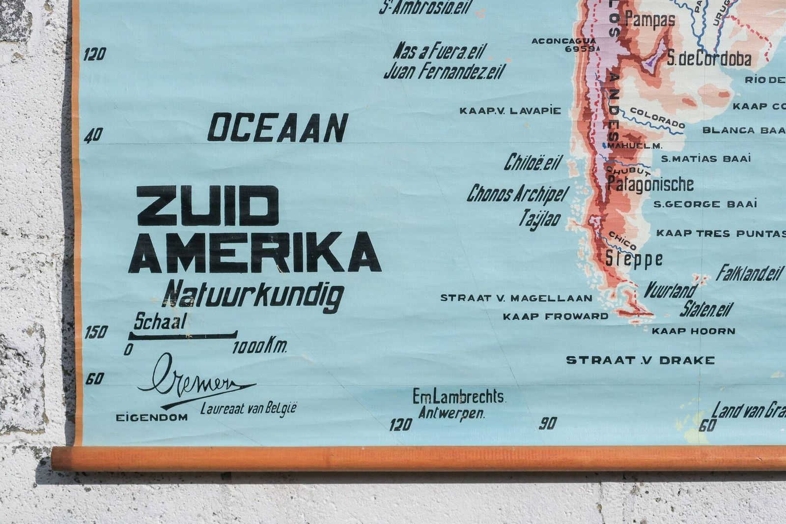 Original Mid Century Huge Large Vintage Flemish Belgian Educational School Wall Chart South America Map Cremer Beautiful photo furniture