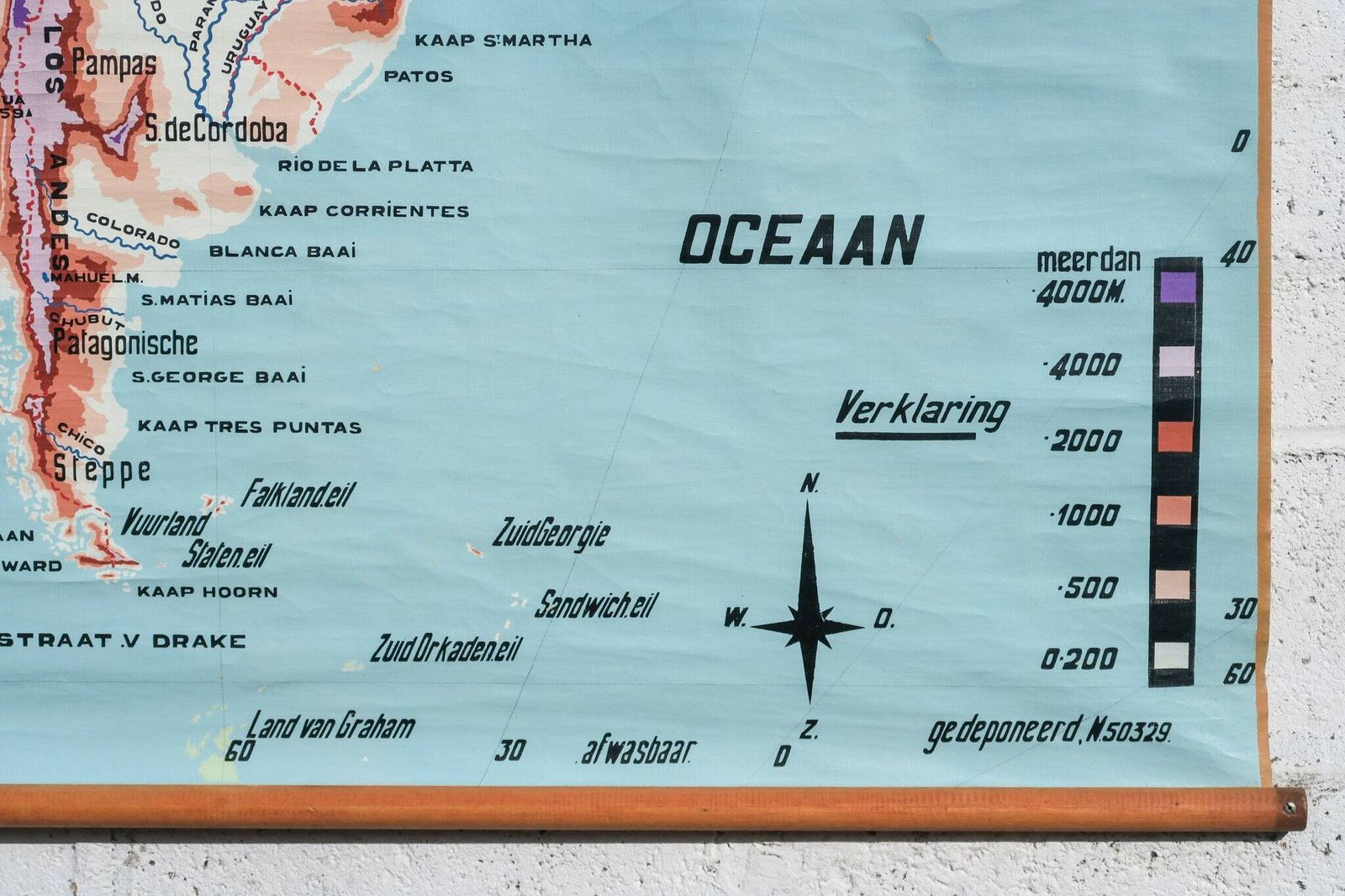 Original Mid Century Huge Large Vintage Flemish Belgian Educational School Wall Chart South America Map Cremer Beautiful photo for sale