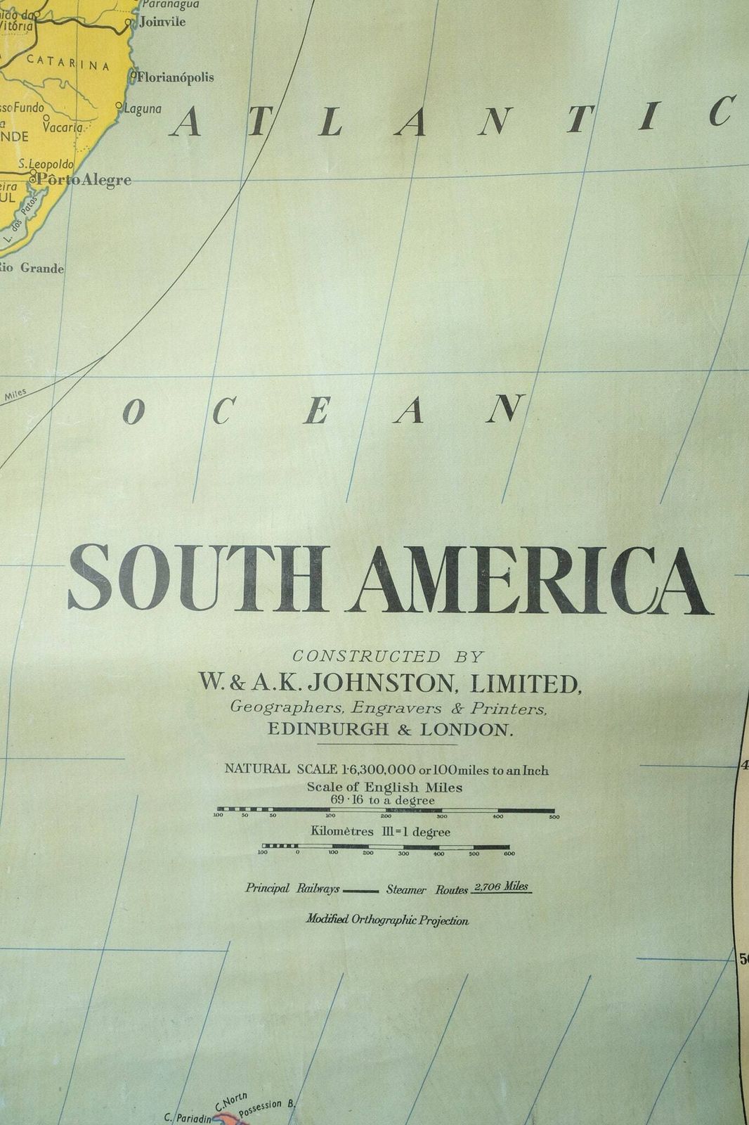 Original Large British Educational School Wall Chart South America Continent Map W & A.K. Johnston Beautiful Rare photo Art