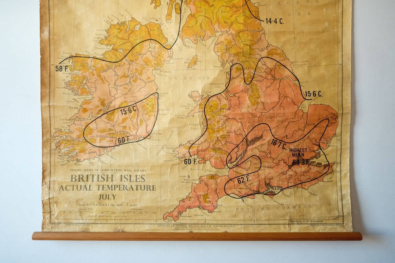Original 1950s Vintage British Educational School Wall Chart Map July Temperatures Beautiful George Philip & Son photo furniture