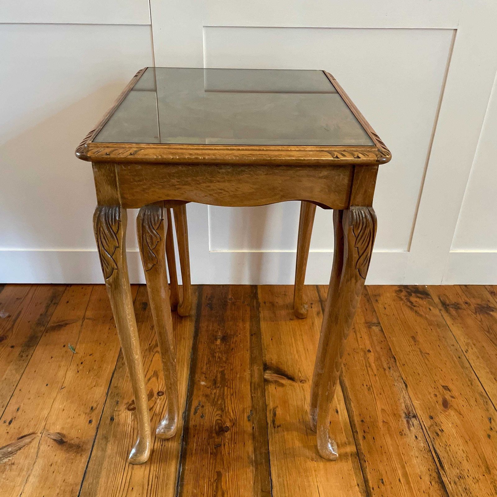 2 Vintage Antique Wooden Rectangle Nest Coffee Table Tables Handmade Wood Brown Rustic Farmhouse Cottage 2 Tiers Glass Top Carved photo buy