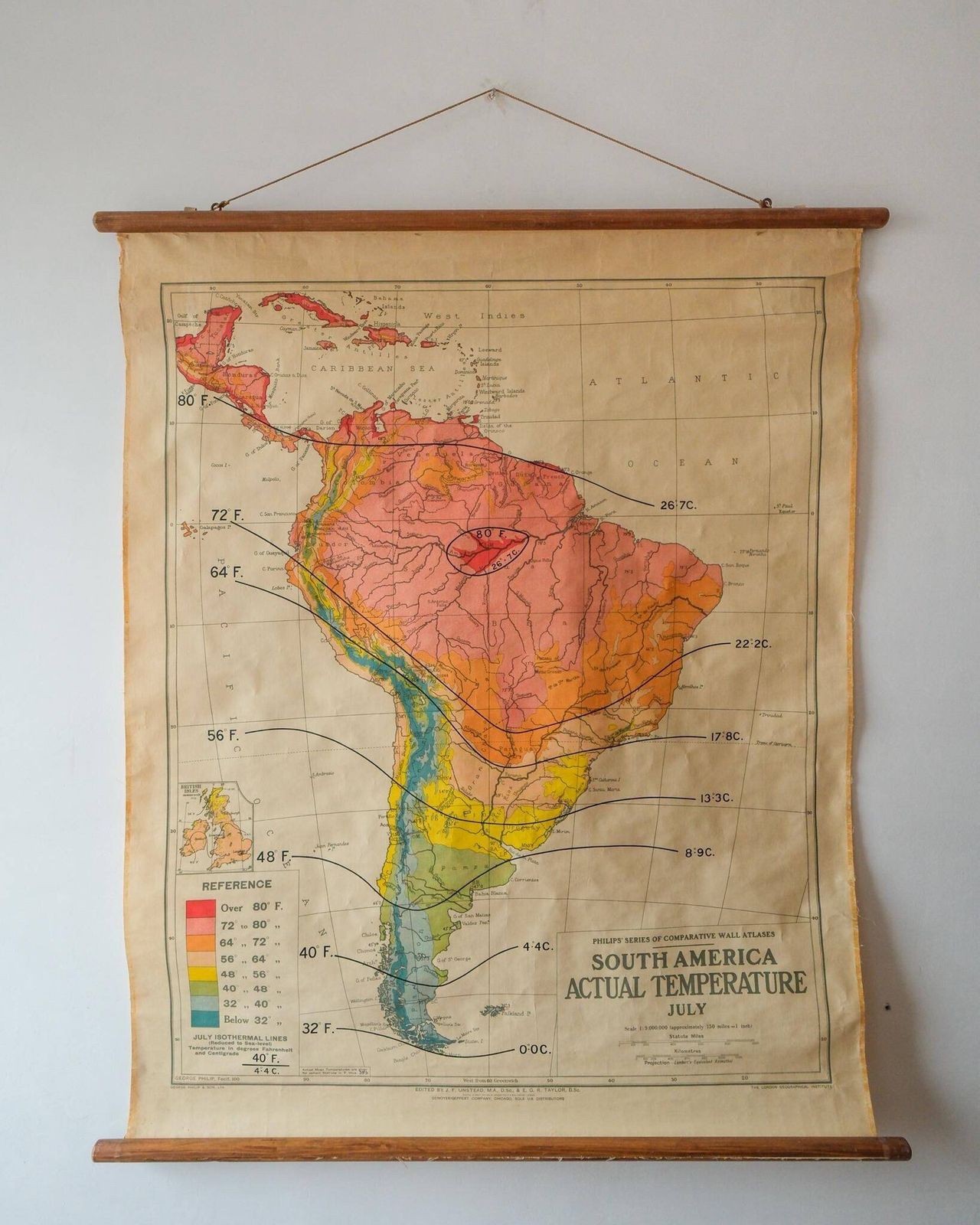 Original 1950s Vintage British Educational School Wall Chart Map South America July Temperatures Beautiful George Philip & Son