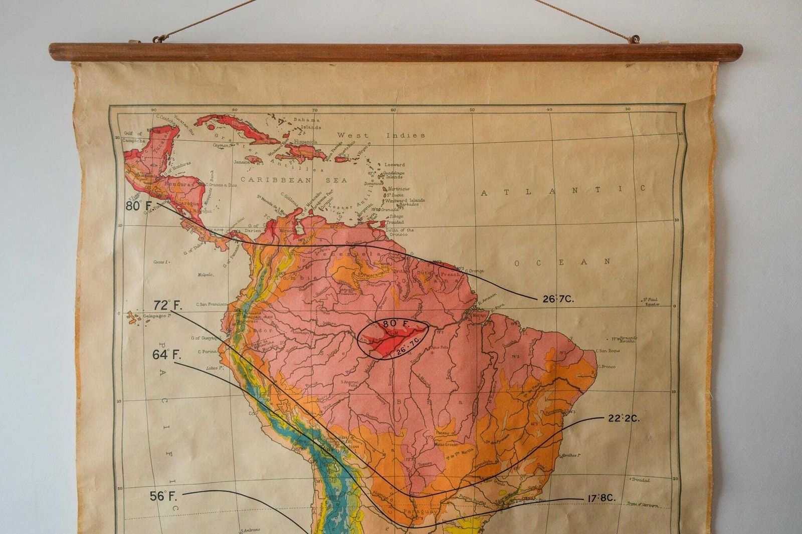 Original 1950s Vintage British Educational School Wall Chart Map South America July Temperatures Beautiful George Philip & Son photo furniture