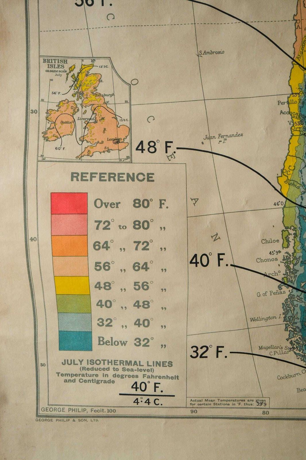 Original 1950s Vintage British Educational School Wall Chart Map South America July Temperatures Beautiful George Philip & Son photo 361.0