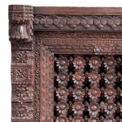 Antique Rajasthani Hand Carved Wall Panel Frame | Early 1900s Indian Hardwood Jali With Floral Latticework photo furniture