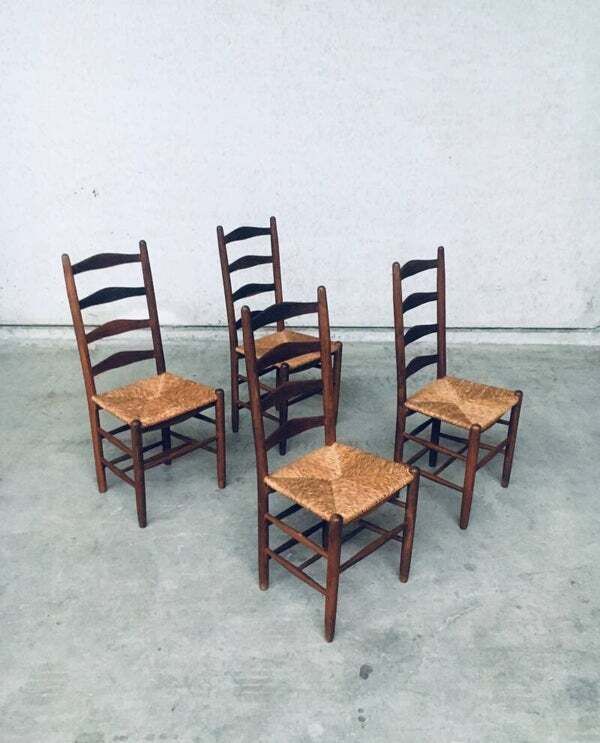 Rustic Handcrafted Oak & Rush High Back Dining Chairs, 1940's Belgium photo vintage