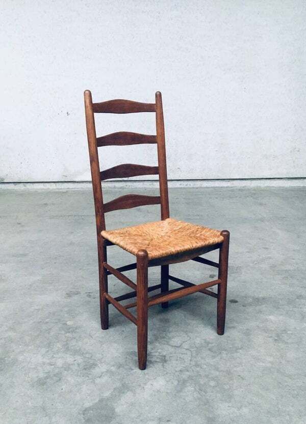 photo vinterior Rustic Handcrafted Oak & Rush High Back Dining Chairs, 1940's Belgium