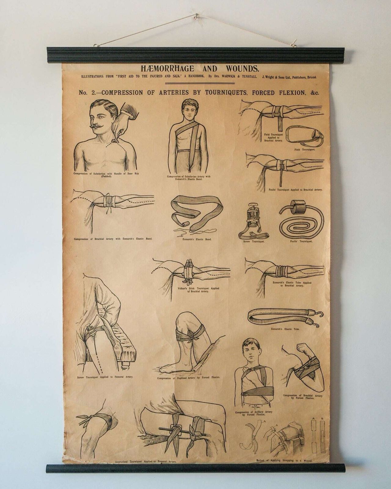 Original Anatomical Vintage British School Wall Chart Haemorrhage Wounds First Aid Anatomy Wright & Sons Tourniquet Compression