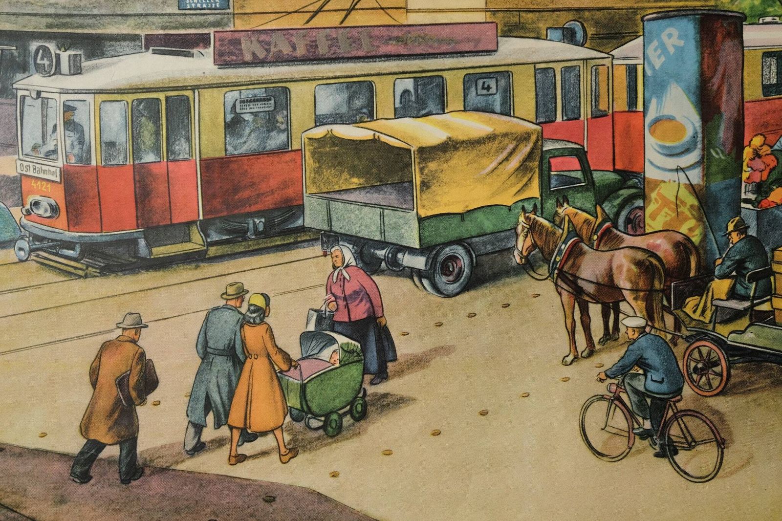 Original Vintage Mid Century German Educational School Everyday Scene Town Tram Rudolf Dirr Artist Decoration Interiors photo furniture