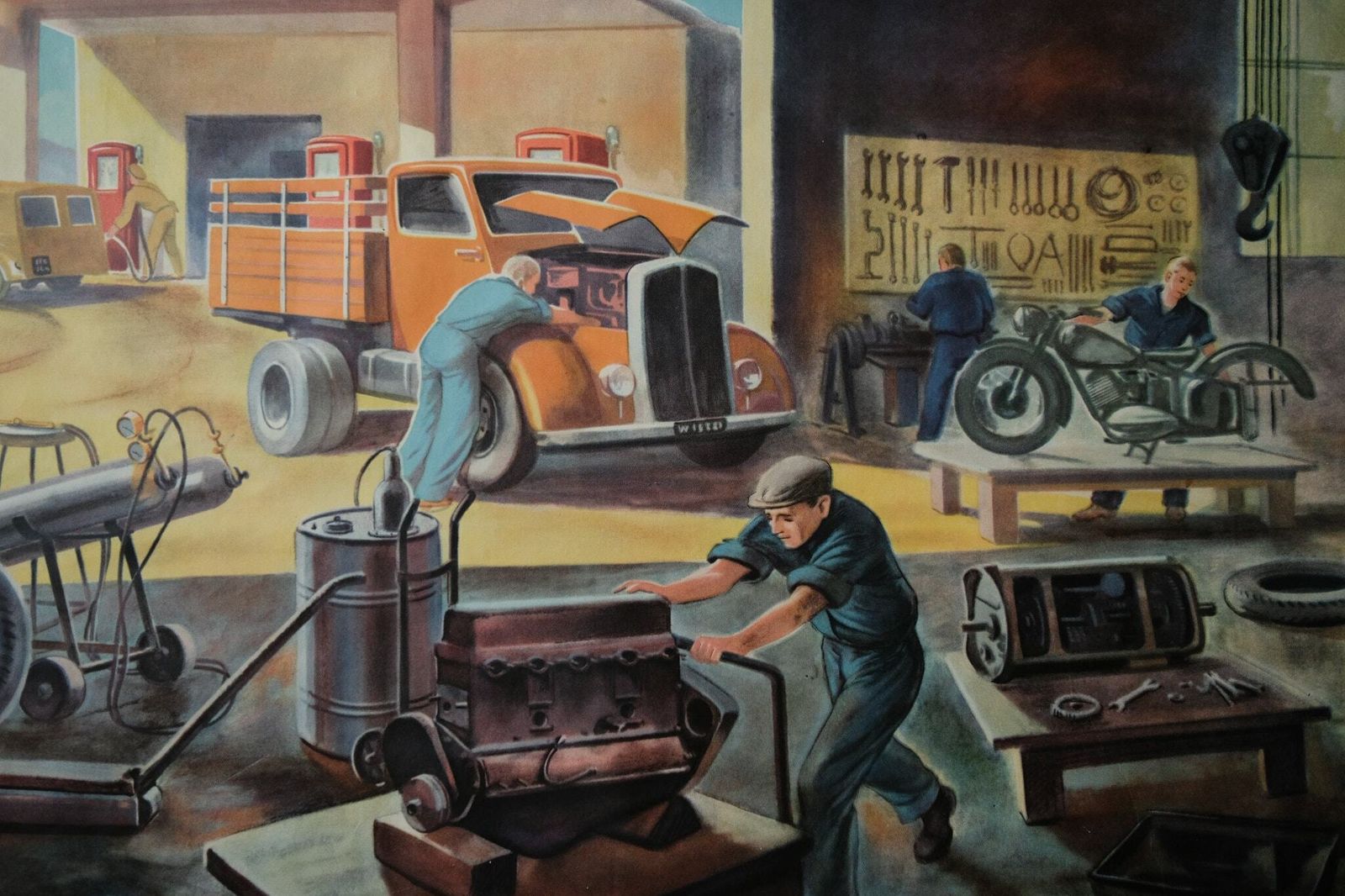 Original Vintage Mid Century German Educational School Everyday Scene Car Auto Garage Mechanics Rudolf Dirr Artist Decoration Interiors photo for sale