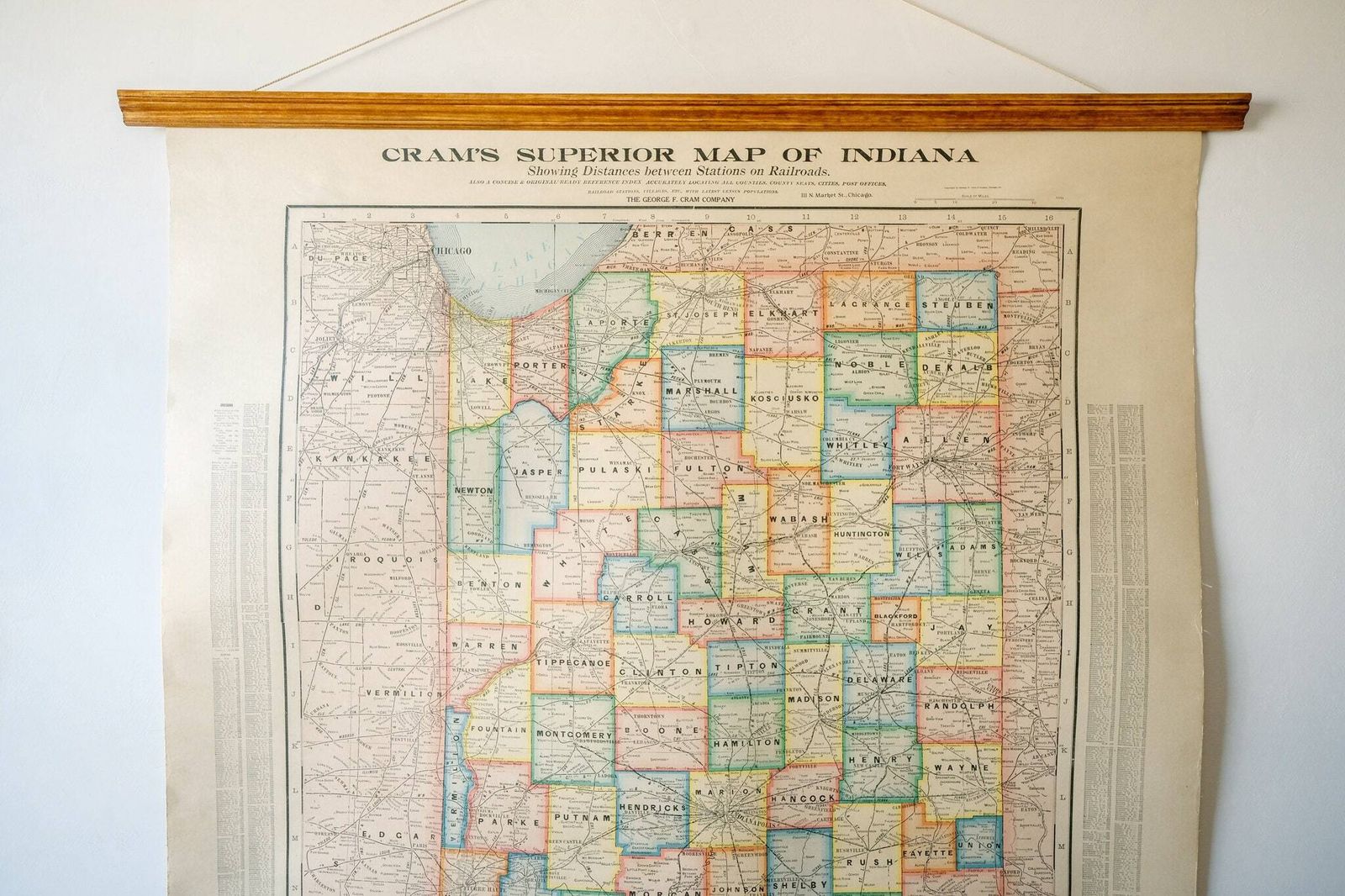 Original Large British Educational School Wall Chart Indiana State Map W & A.K. Johnston Nystrom Beautiful Rare photo furniture