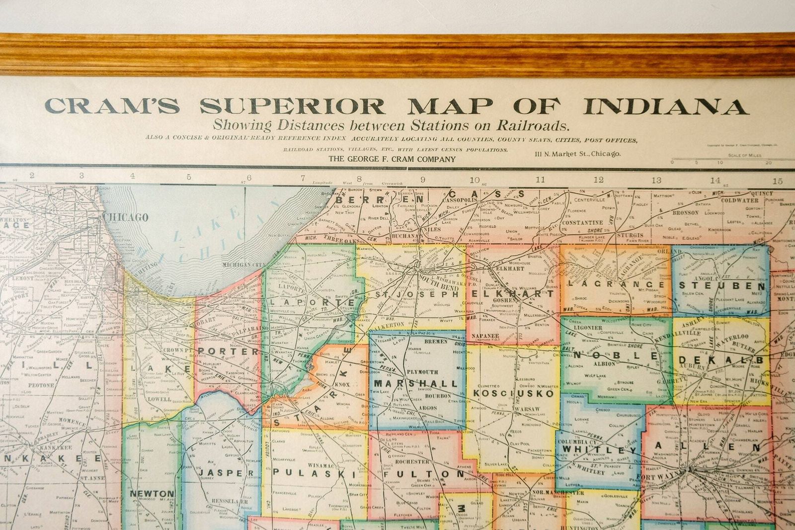 Original Large British Educational School Wall Chart Indiana State Map W & A.K. Johnston Nystrom Beautiful Rare photo vinterior