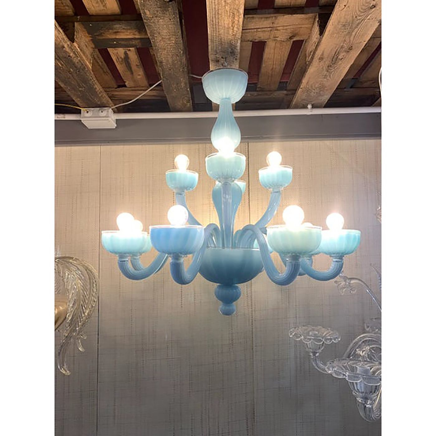 Contemporary Matte Light Blue Murano Style Glass Chandelier photo Lighting