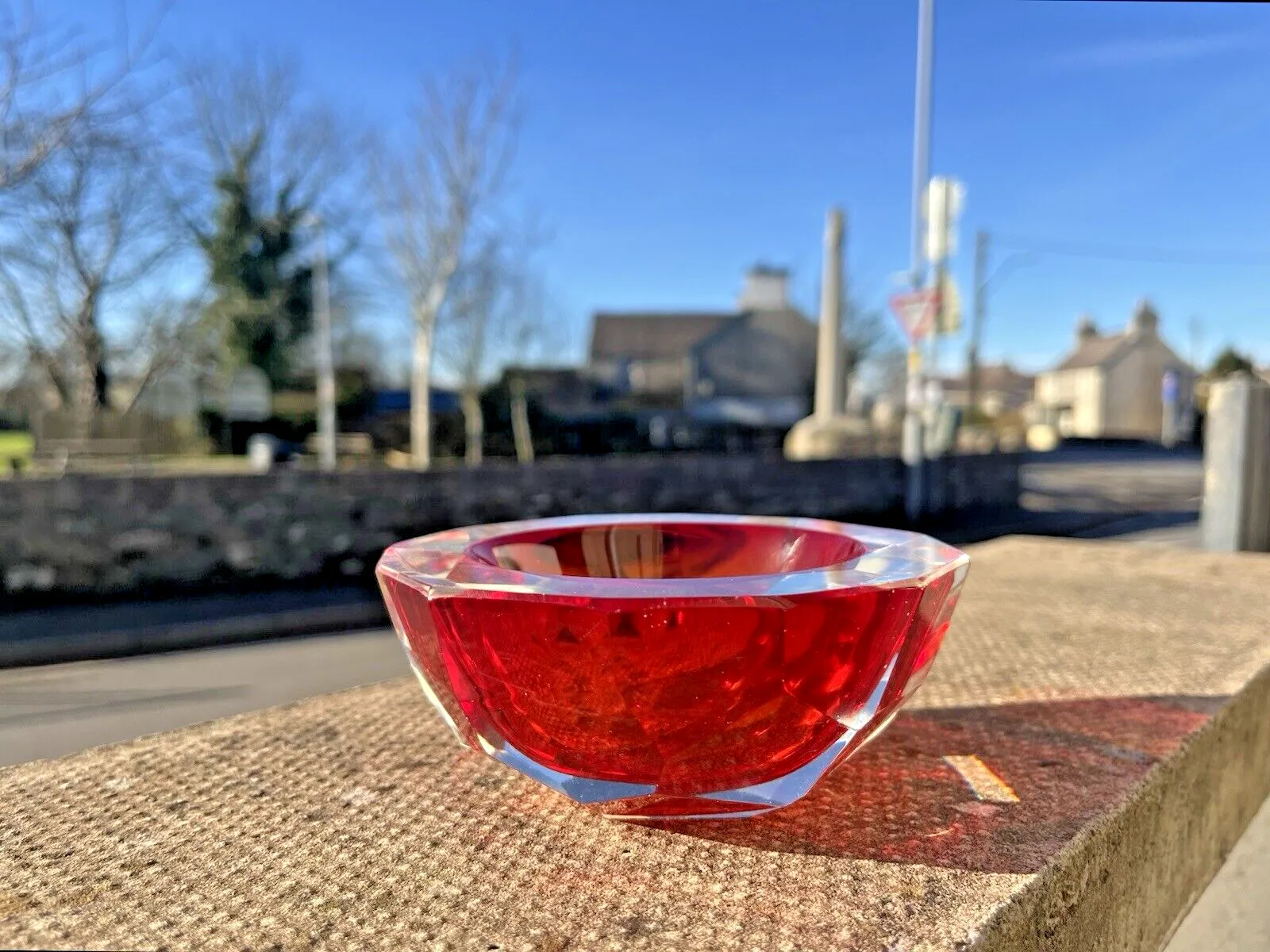 Mid Century Murano Sommerso 12 Sided Faceted Glass Ashtray Geode Bowl Vintage photo furniture