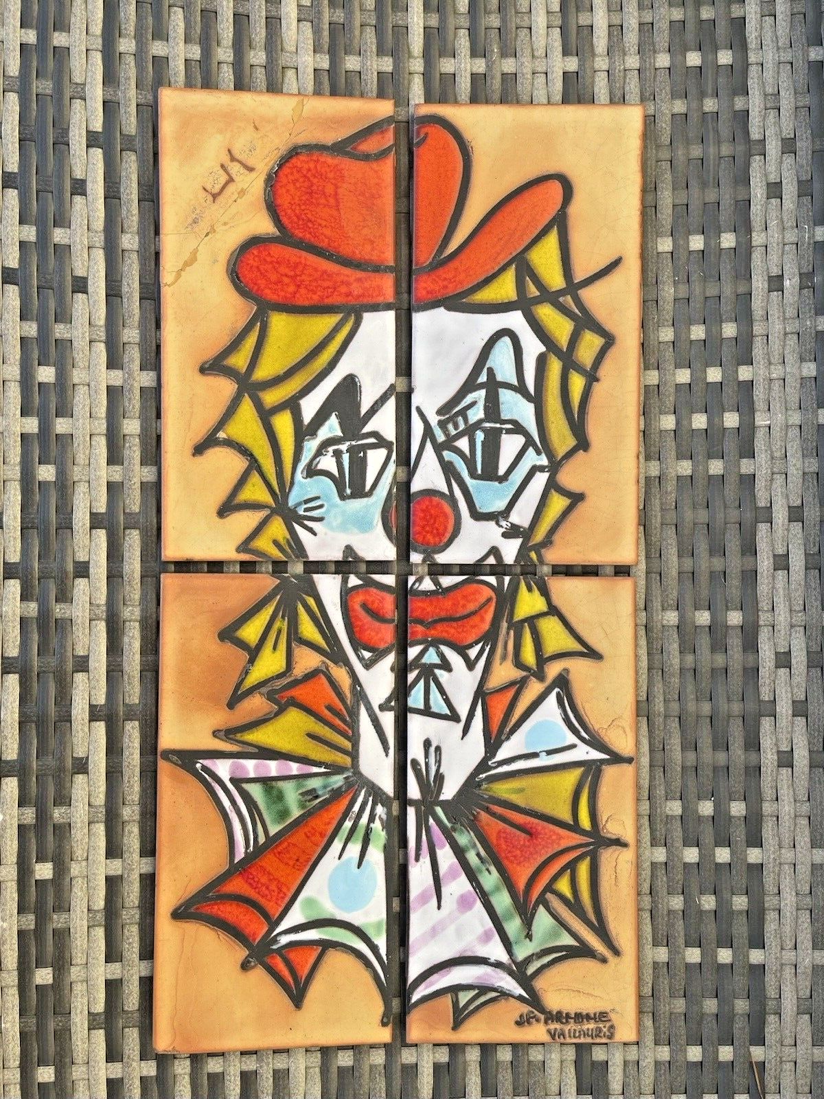 Set Of 4 Mid Century French Vallauris Jp Arnone Clown Picture Tiles Wall Art 60s