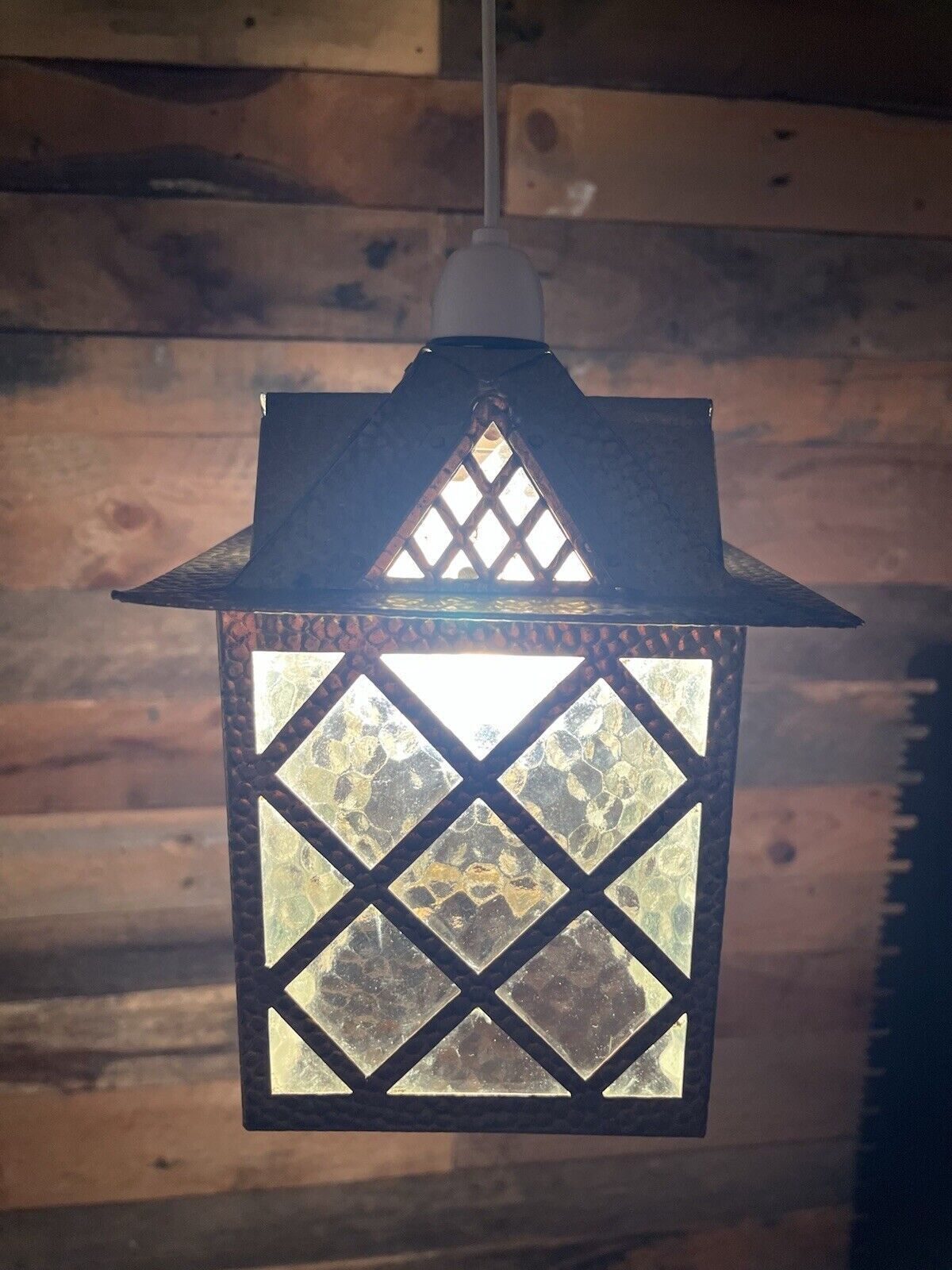 1 Antique Arts & Crafts Textured Brass & Glass Pendant Lantern Porch Lamp Light photo Lighting