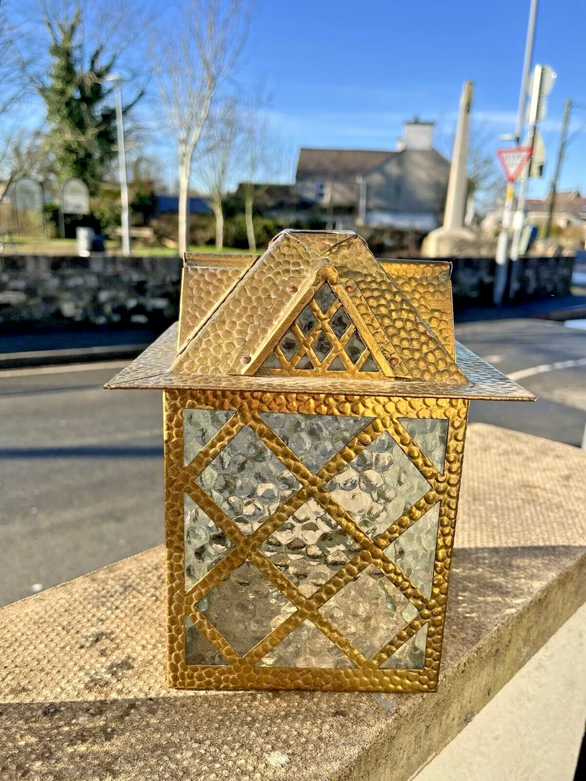 1 Antique Arts & Crafts Textured Brass & Glass Pendant Lantern Porch Lamp Light photo vintage