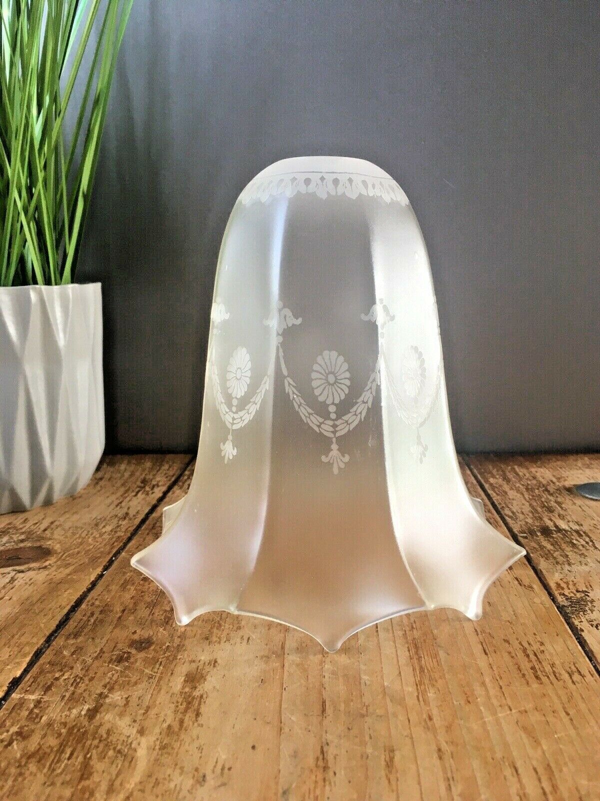 Etched Victorian Frosted Glass Swag Octagonal Trailed Fluted Shade Edwardian Era photo for sale
