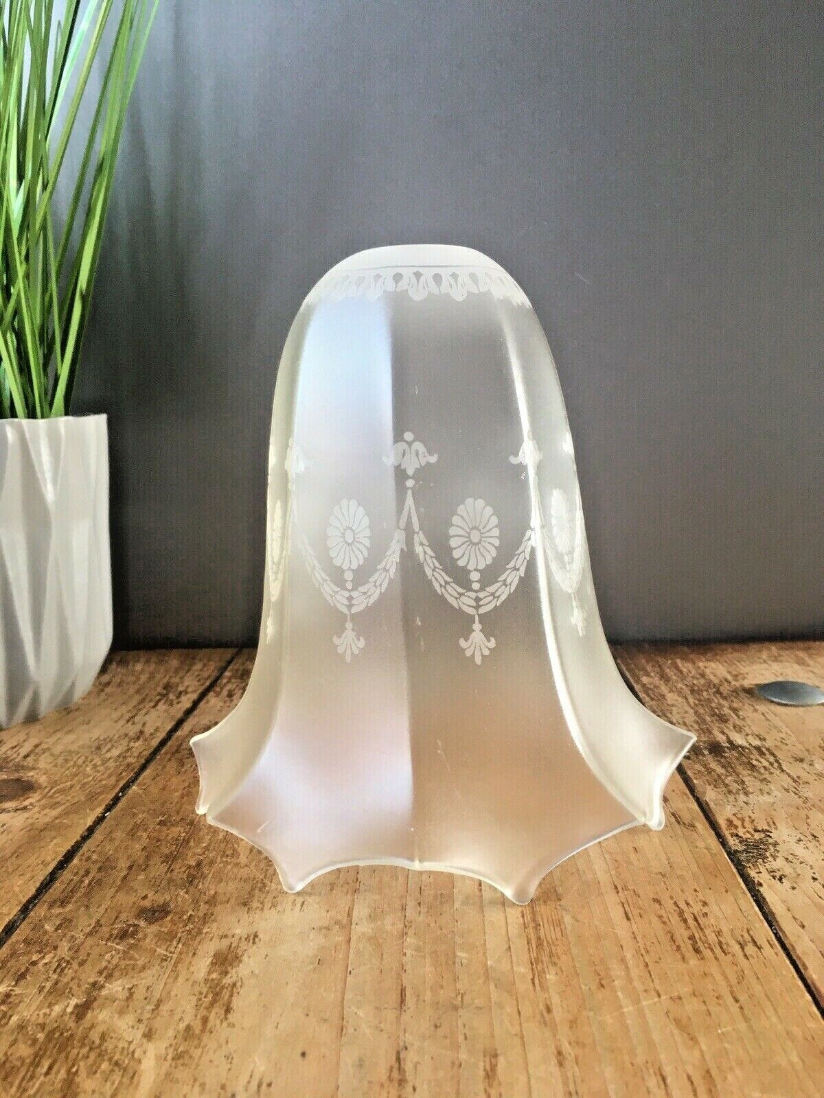 Etched Victorian Frosted Glass Swag Octagonal Trailed Fluted Shade Edwardian Era photo vinterior