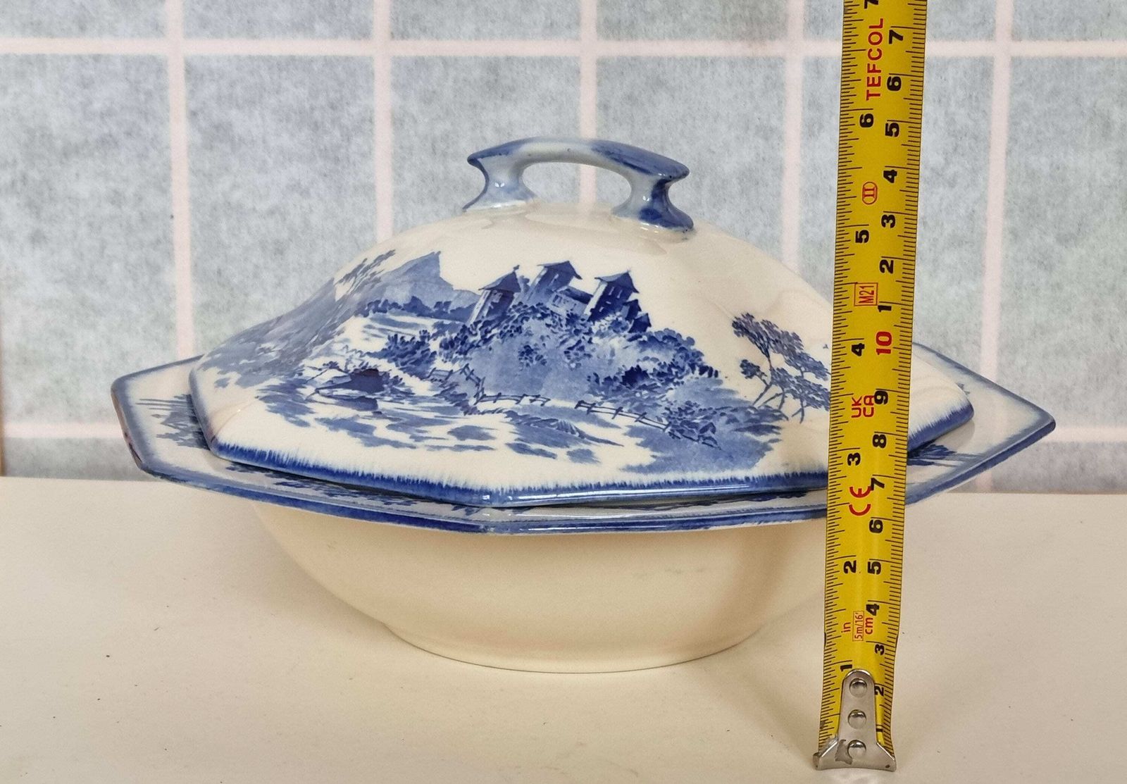 Royal Doulton Norfolk Dish | Vintage Blue White Covered Serving Bowl | English China Landscape Scene | Octagonal photo vintage
