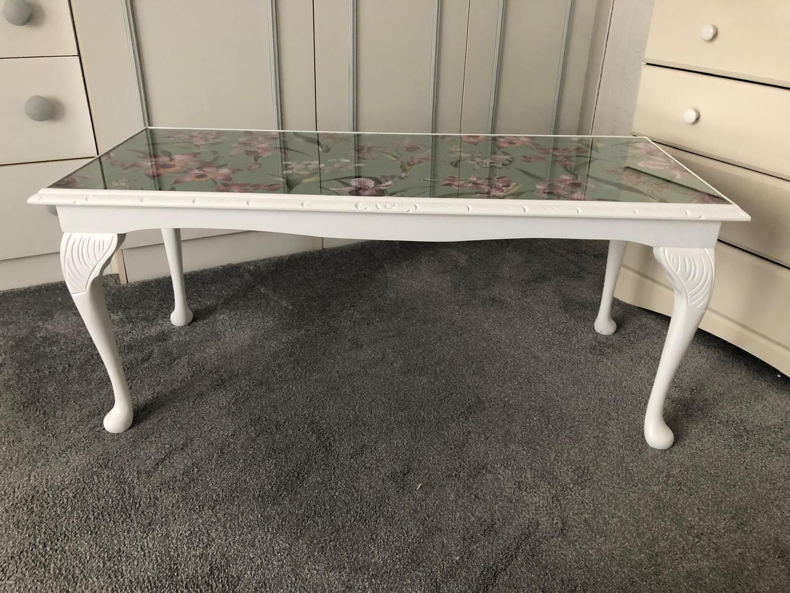Glazed Coffee Table Satin White Paint Finish And Jade Green And Floral Paper Top photo furniture