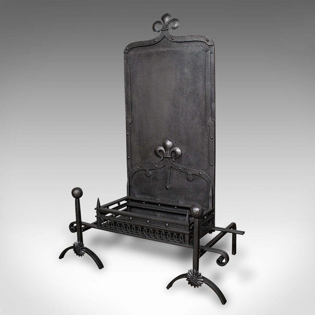 Antique Open Hearth Fireplace, English, Fire Basket, Andirons, Victorian, C.1900 photo for sale