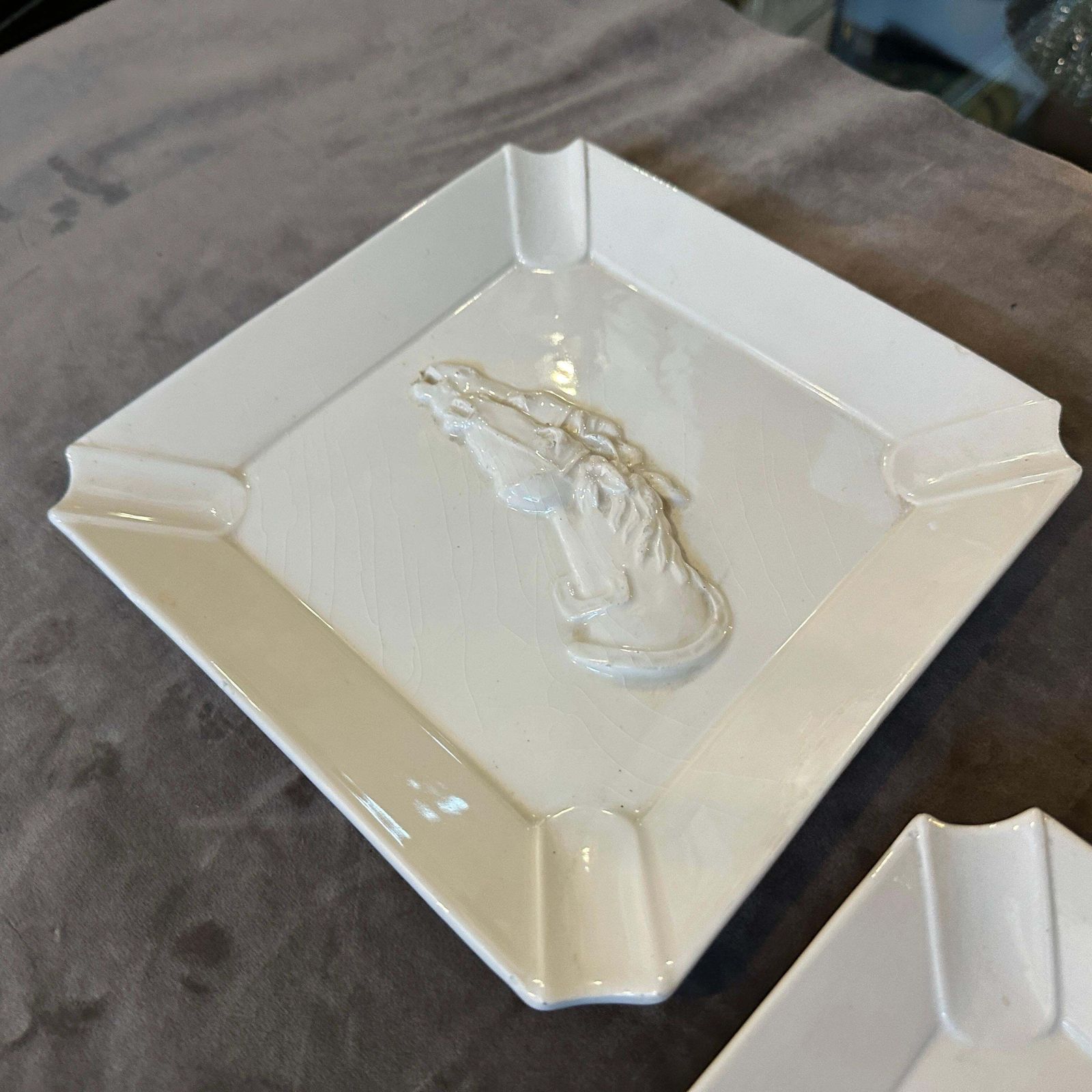 photo for sale Set Of Two 1980s White Porcelain Horse Ashtrays By Gucci Firenze