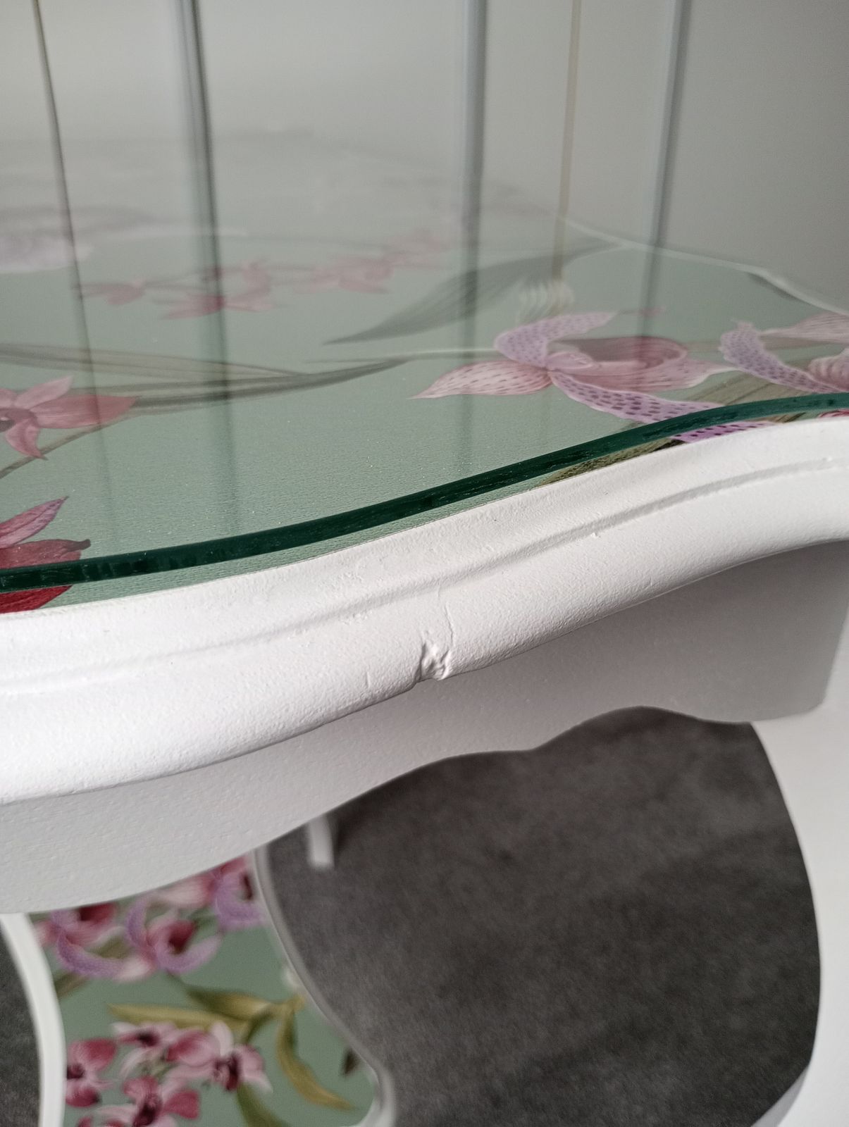 Side Table In Satin White With Jade Green And Water Colour Orchid Paper Glazed Top photo vintage