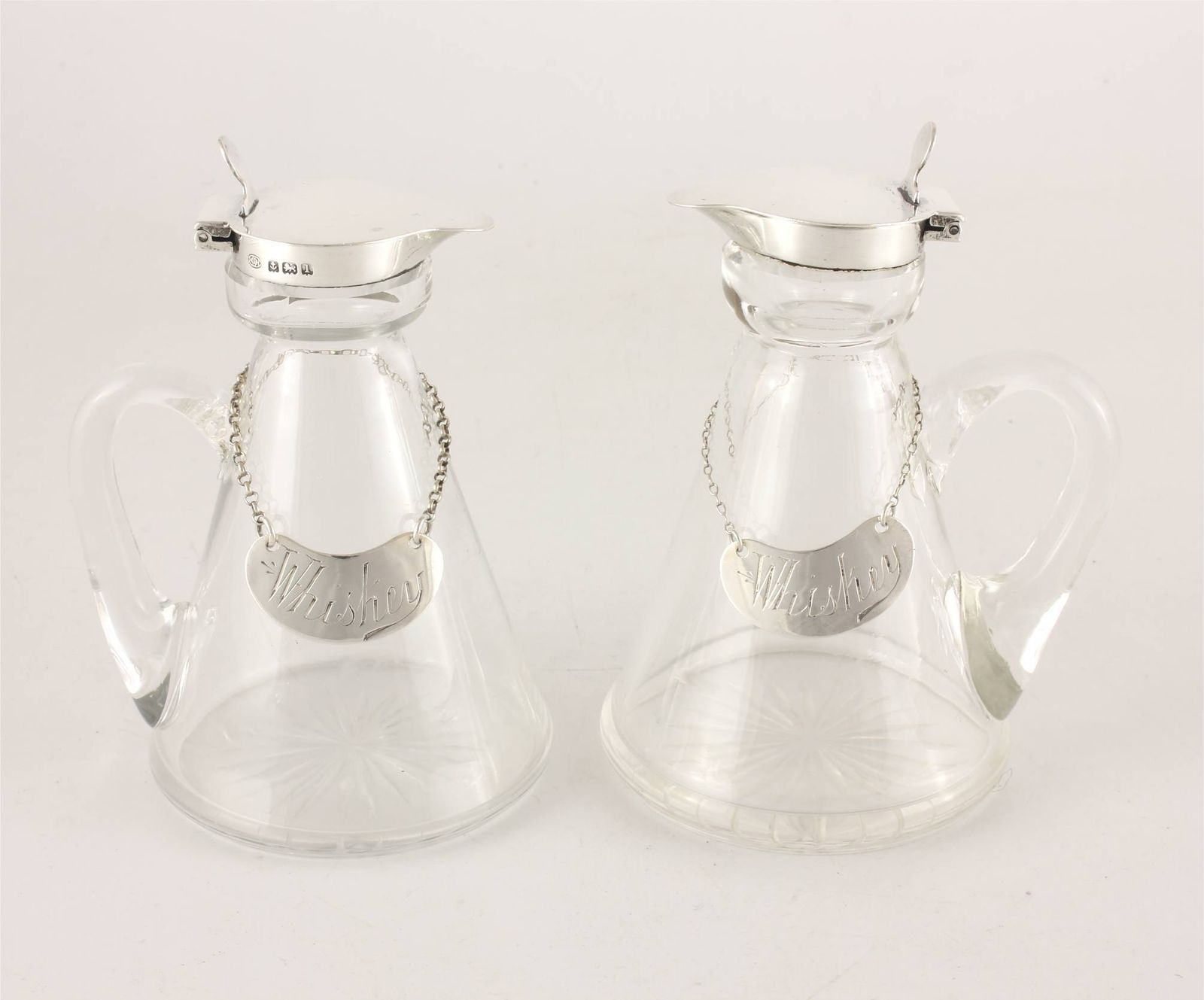 Pair Silver Mounted Glass Whisky Noggins & Tot Labels Hukin & Heath 1910. photo furniture