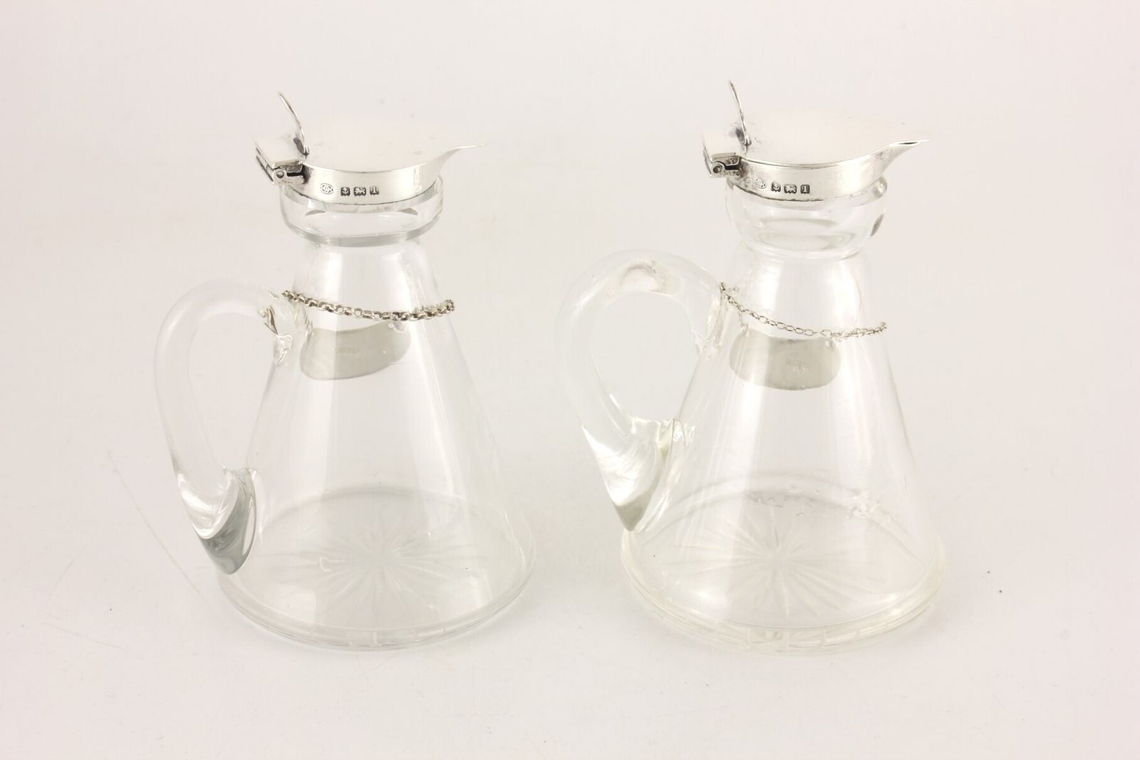photo vintage Pair Silver Mounted Glass Whisky Noggins & Tot Labels Hukin & Heath 1910.