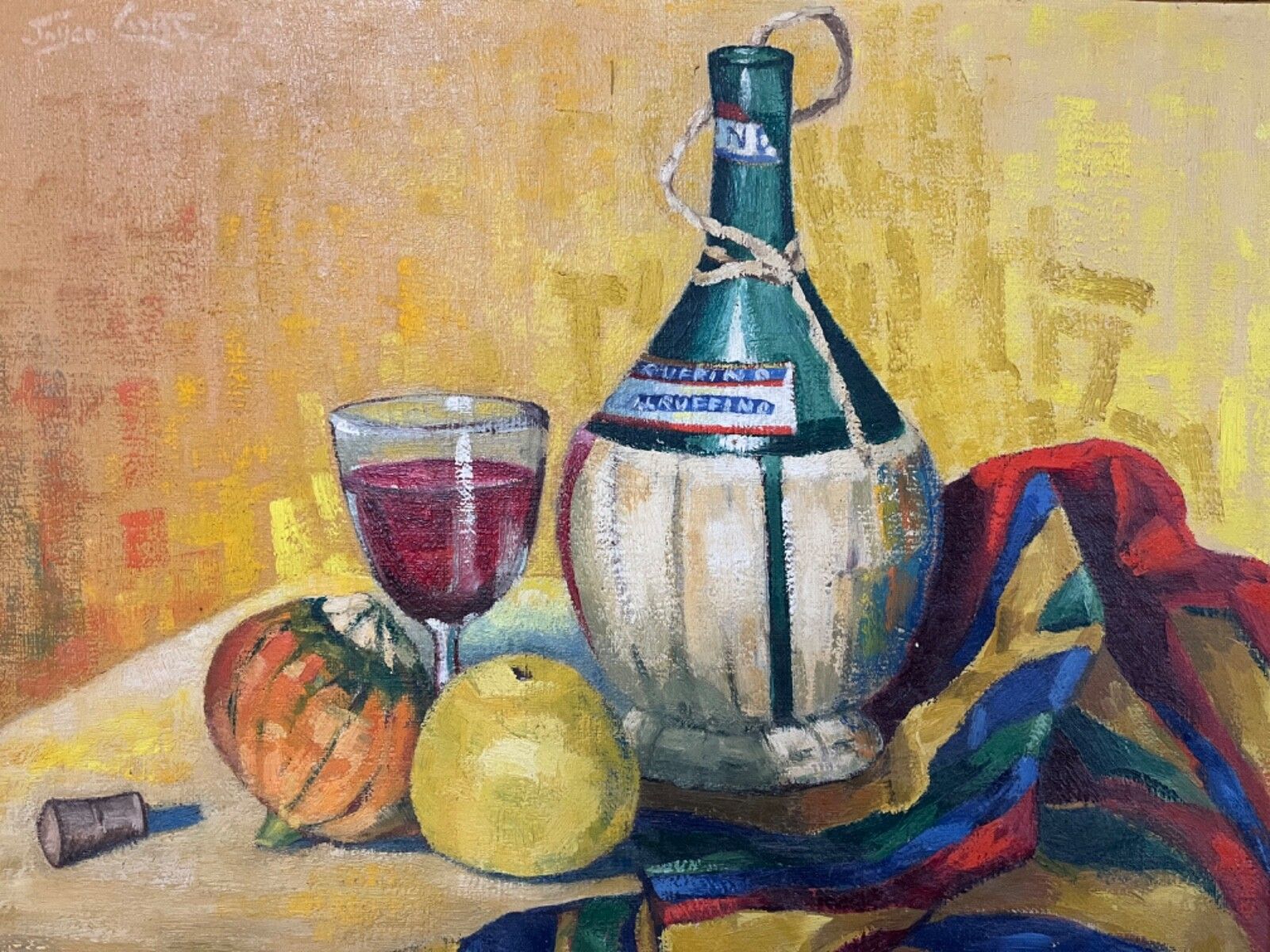 A Vintage Painting Oil On Board Still Life Spanish Wine Bottle photo Art