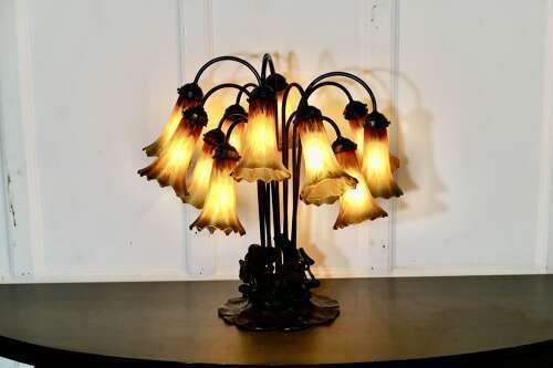 Tiffany Style Bronze And Glass Lily Table Lamp photo for sale