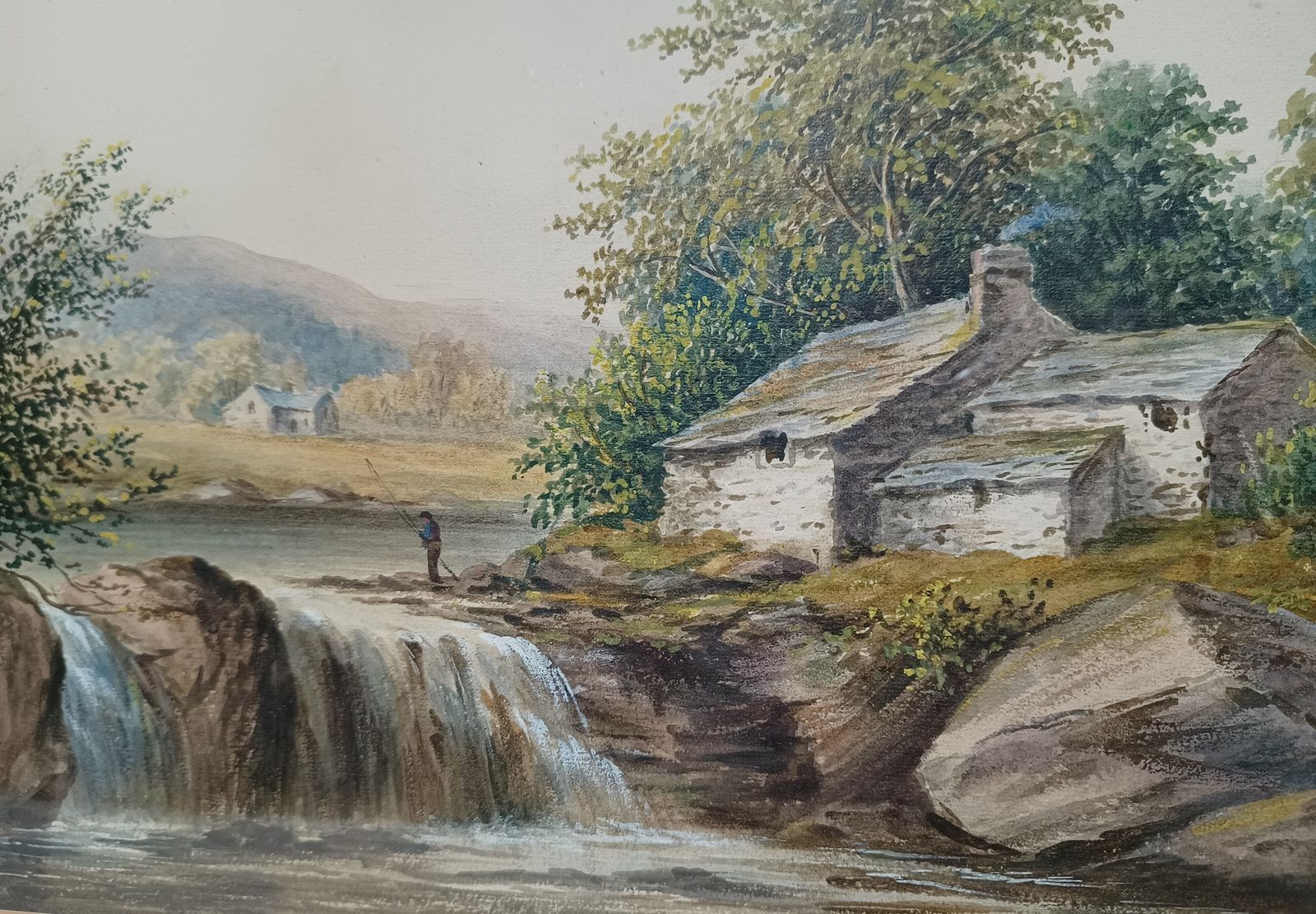 Antique Watercolour Painting Highland River Cottage Landscape British Signed L.Lewis. photo for sale