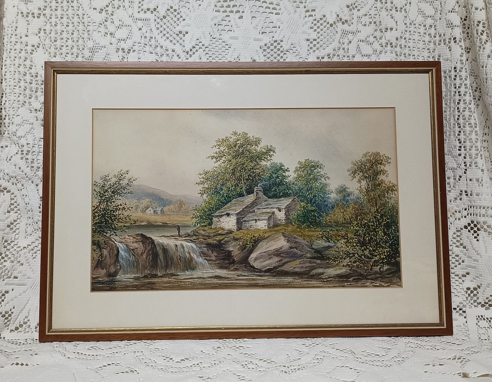 Antique Watercolour Painting Highland River Cottage Landscape British Signed L.Lewis. photo vinterior