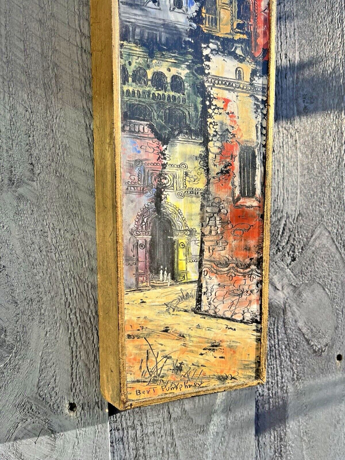 Framed Board Painting Medieval European Street Scene Clock Tower Bert Pumphrey photo vintage