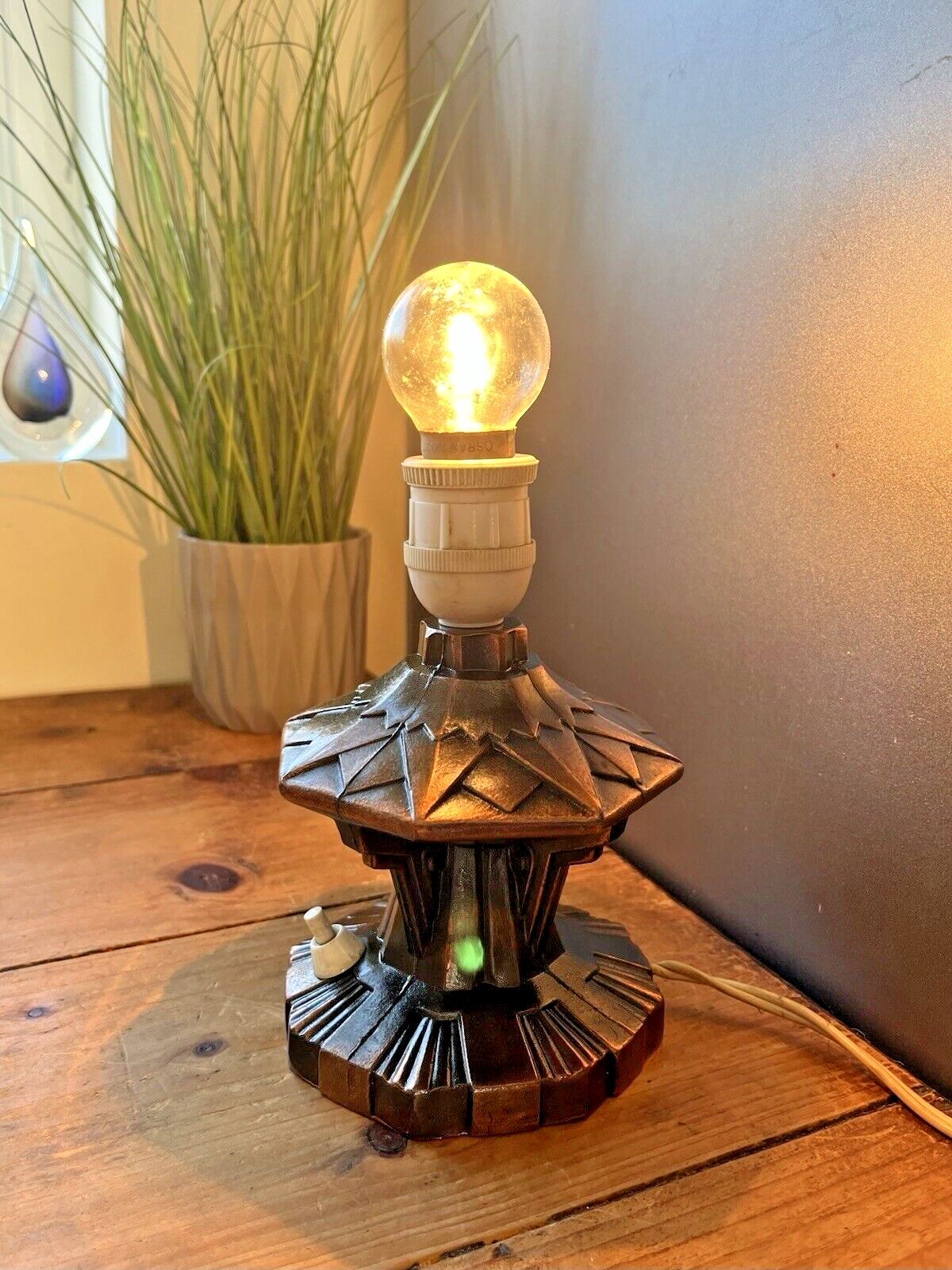 Superb 20s French Art Deco Geometric Copper Tone Metal Lamp Base Interior Design photo buy
