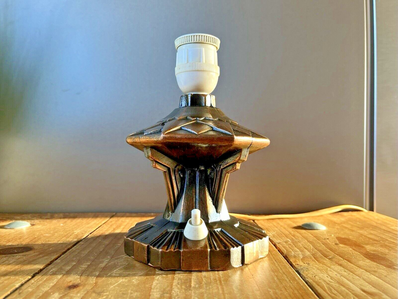 photo for sale Superb 20s French Art Deco Geometric Copper Tone Metal Lamp Base Interior Design