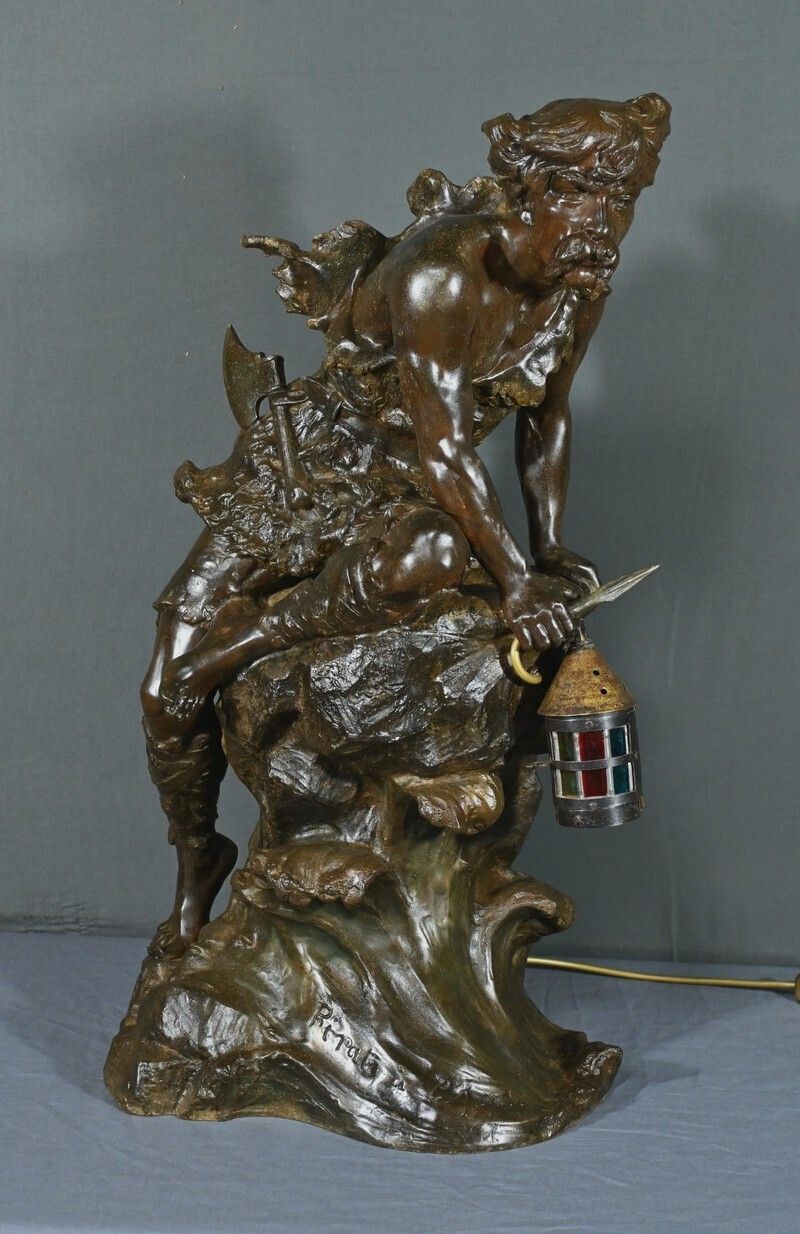 Important Regulates Mounted In "Pirate On The Lookout" Lamp, A. Foretay   Early Twentieth photo for sale