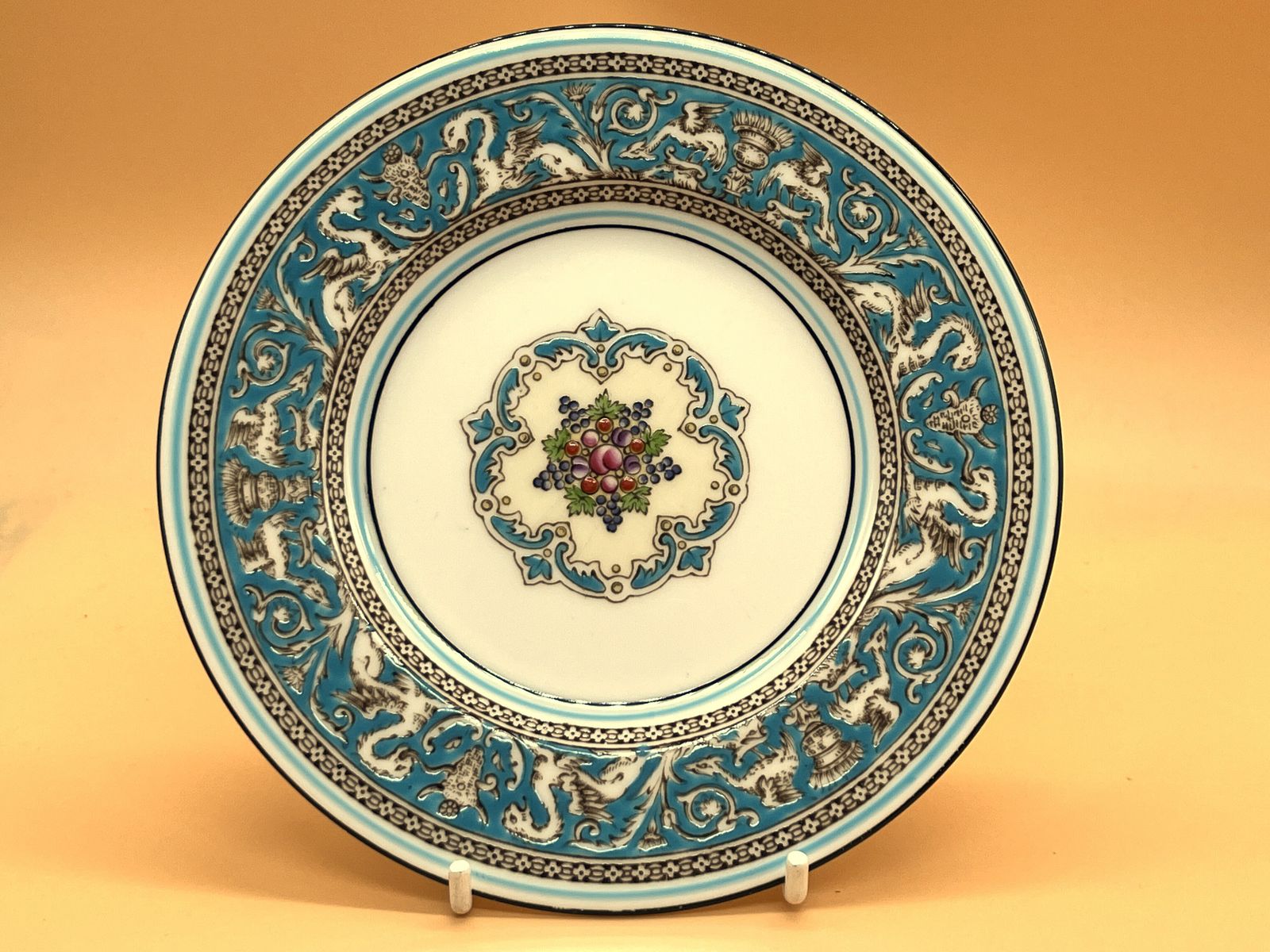 photo for sale Wedgwood China Turquoise Florentine Design Peony Shape Tea Cup & Saucer Duo. W2714.
