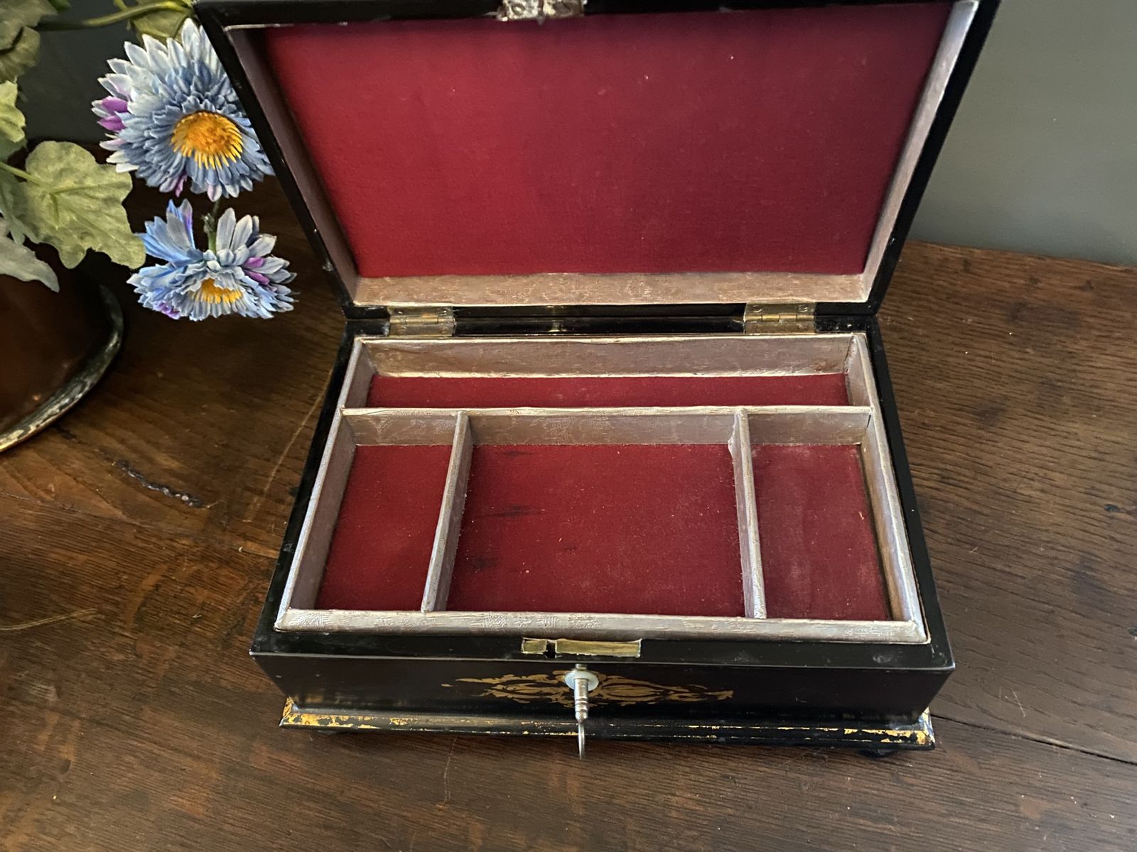 A Victorian Papier Mache Box Inlaid With Mother Of Pearl. photo furniture