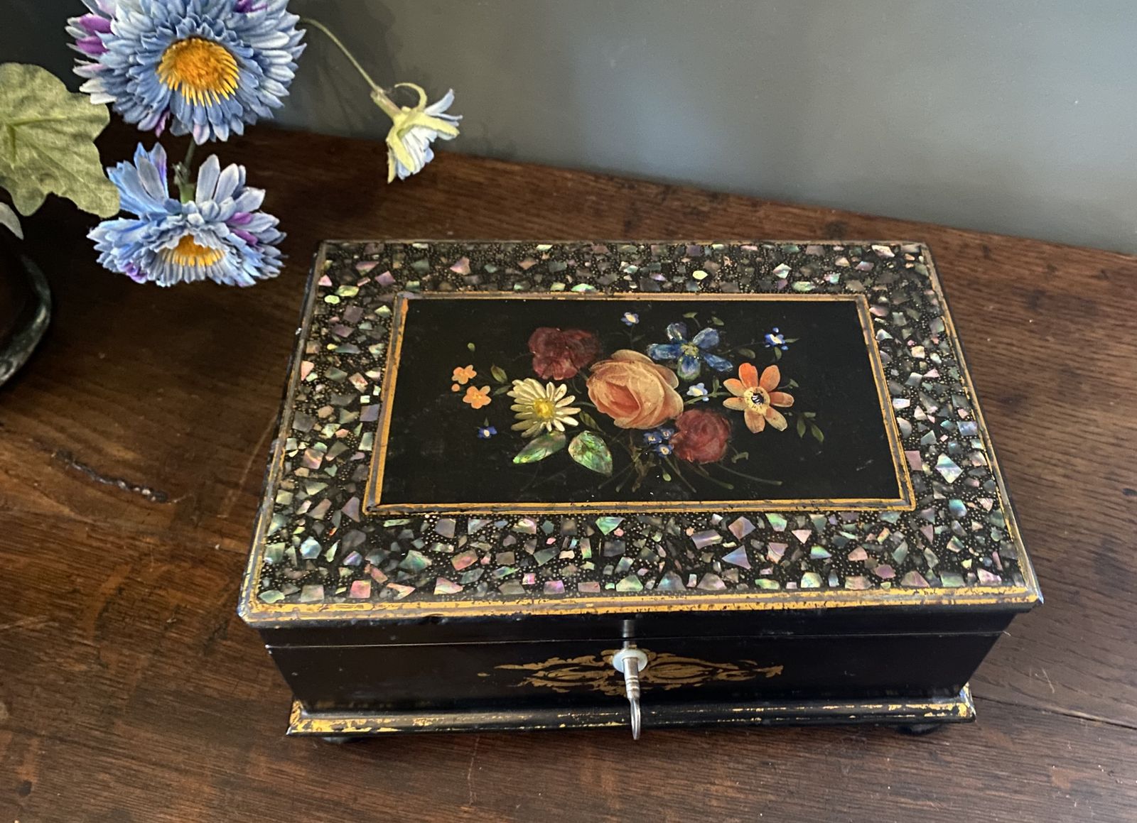 A Victorian Papier Mache Box Inlaid With Mother Of Pearl.