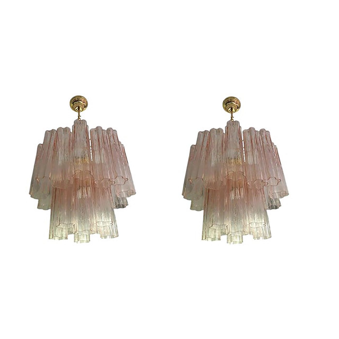 Lighting Set Of 2 Contemporary Murano Style Glass Pink "Tronchi" Chandelier With Gold 24k Metal Frame photo