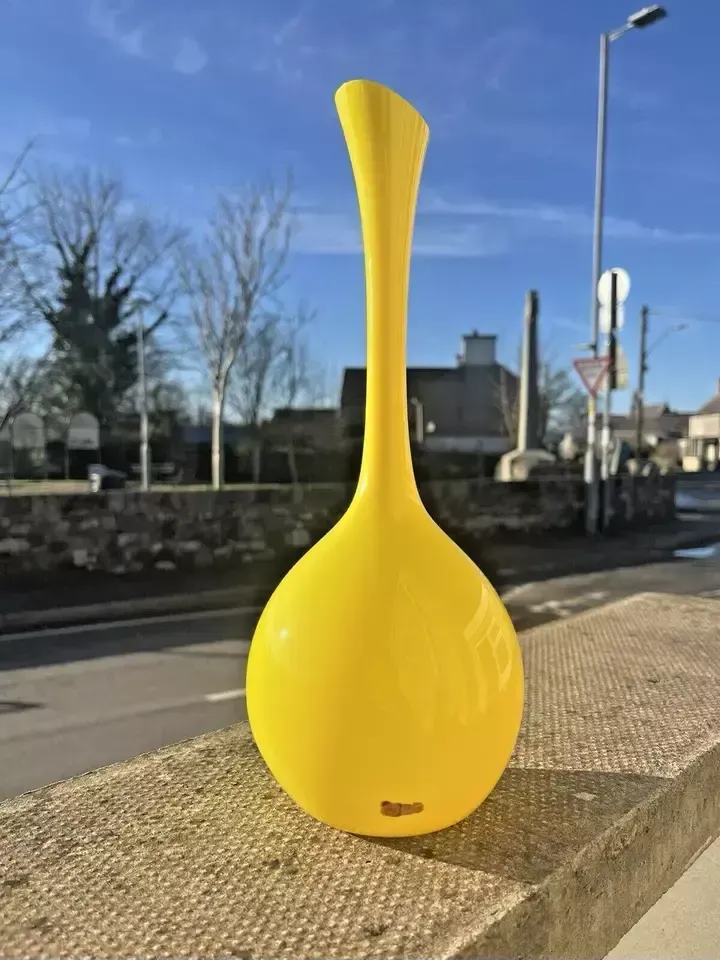 Mid Century Modern 50s Swedish Lindshammar Glass Yellow Bottle Vase Gunnar Ander