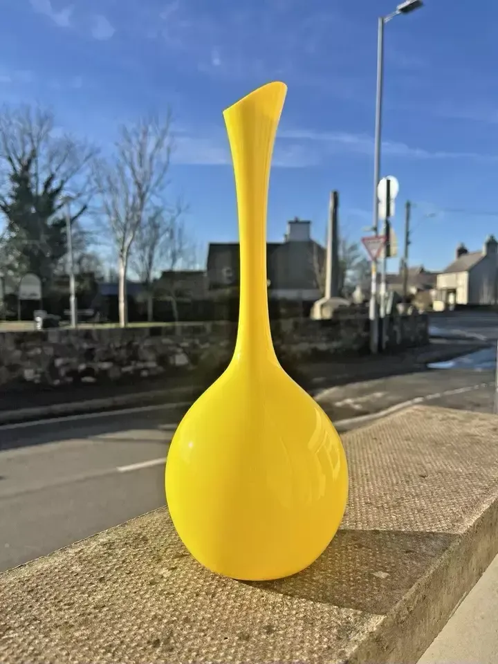 Mid Century Modern 50s Swedish Lindshammar Glass Yellow Bottle Vase Gunnar Ander photo for sale