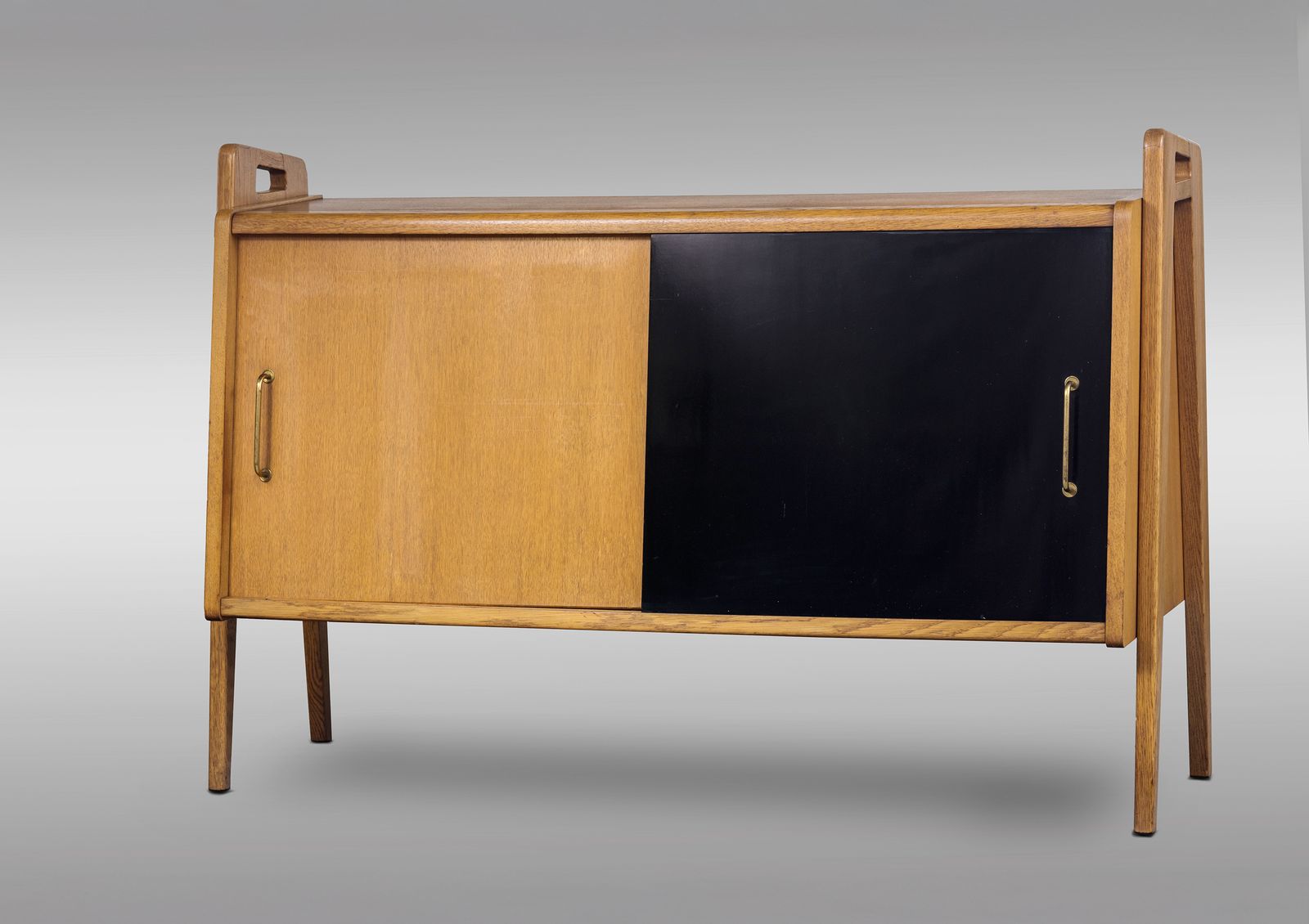 Pair Of Oak Sideboards With Sloping Front, Sliding Doors, One Of Them Lacquered photo furniture