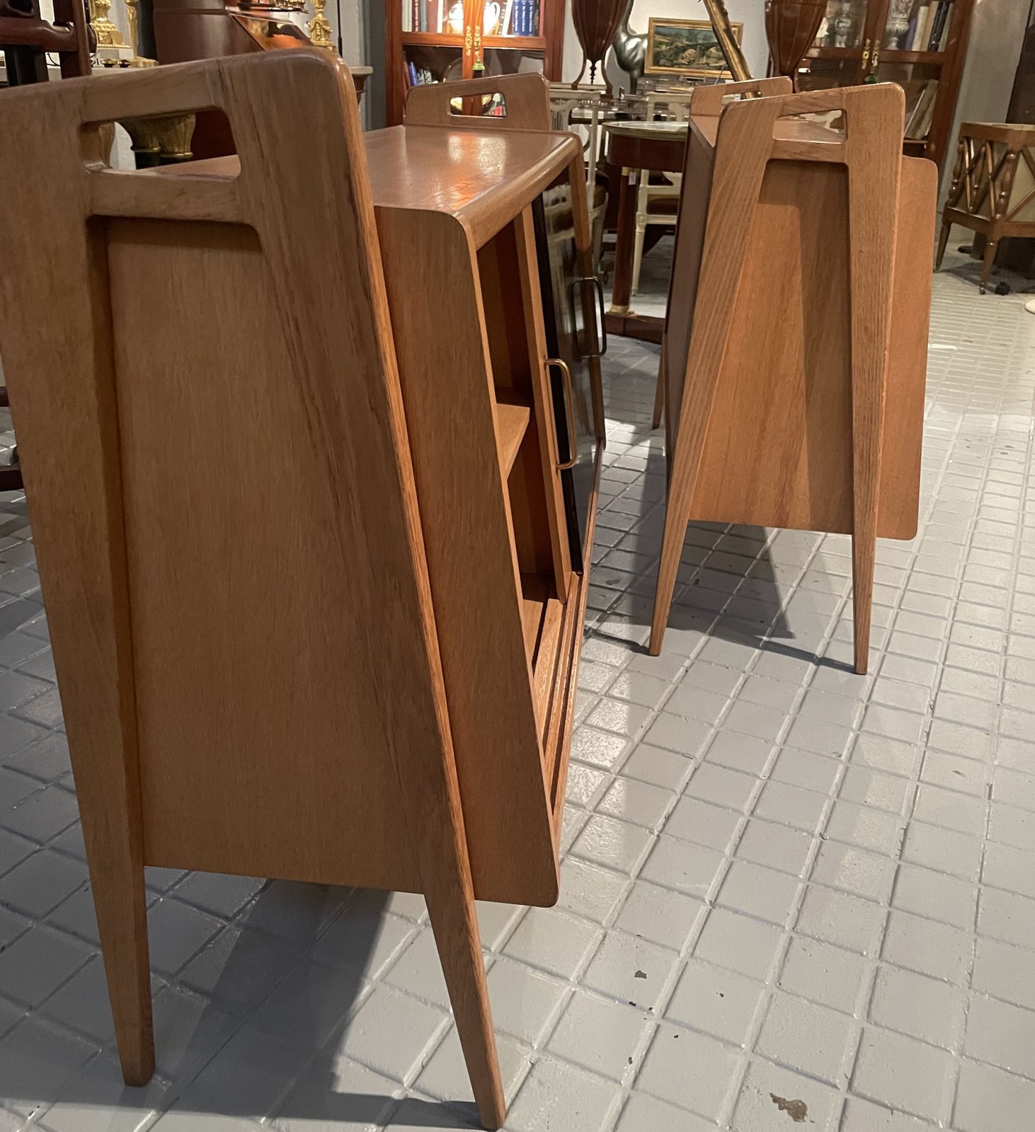 Pair Of Oak Sideboards With Sloping Front, Sliding Doors, One Of Them Lacquered photo vintage
