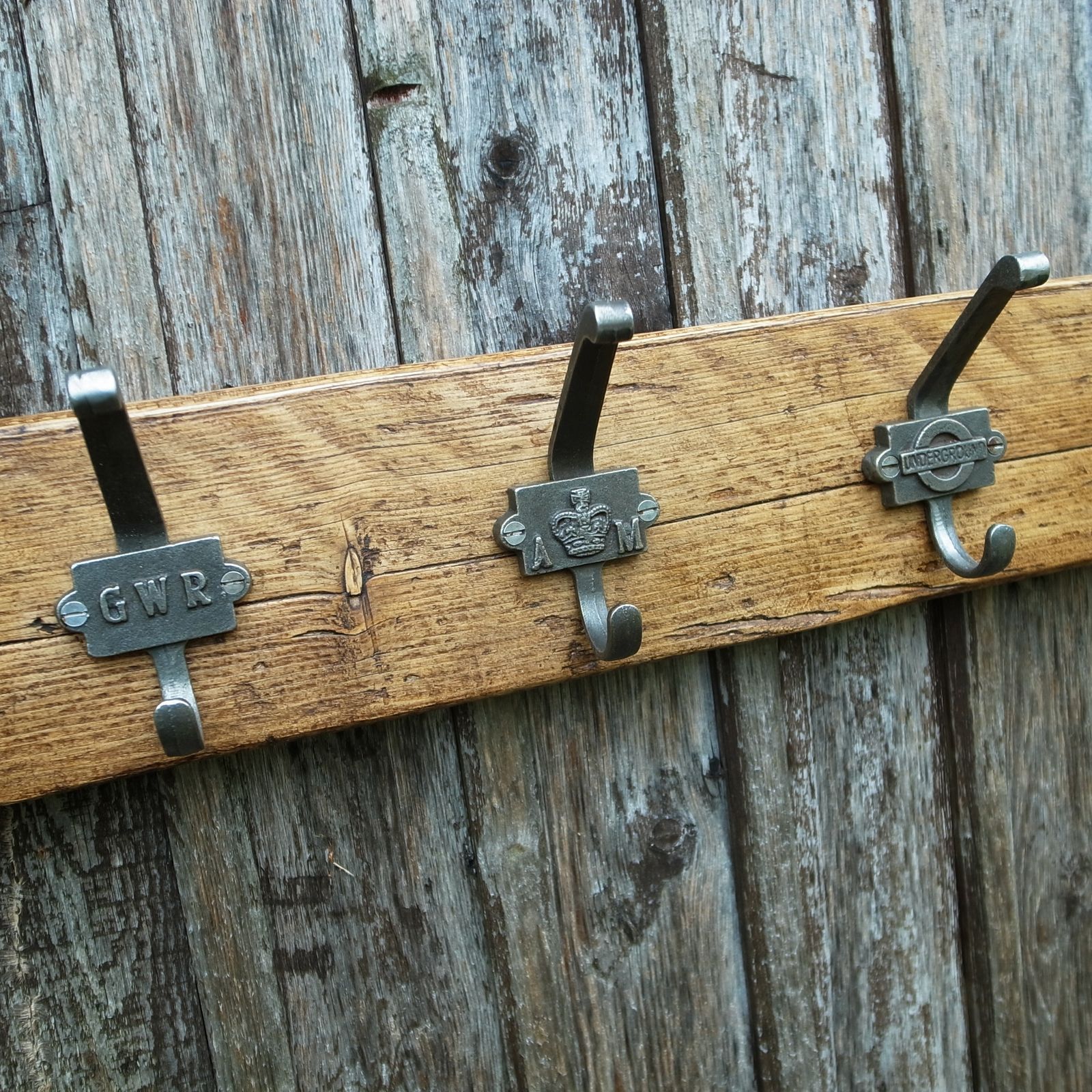 Reclaimed Wooden Coat Rack With Industrial Cast Iron Cloakroom Hooks photo Furniture